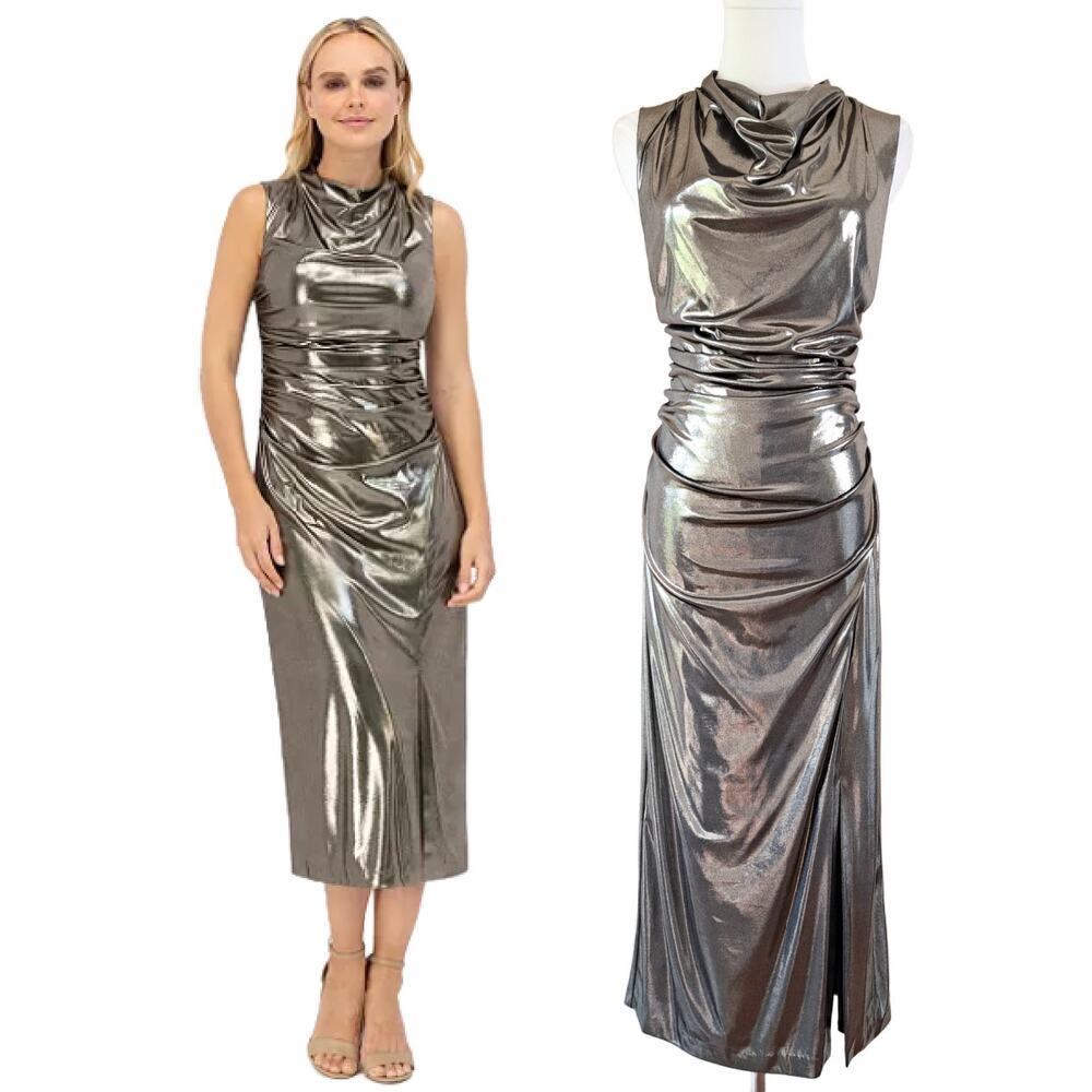 Vince Camuto Liquid Metallic Cowl Neck Midi Dress Size 12 Ruched Pewter Cocktail